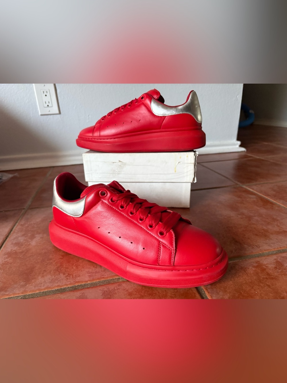 Alexander McQueen red sneakers Sz 43.5 Red Leather metallic silver heel